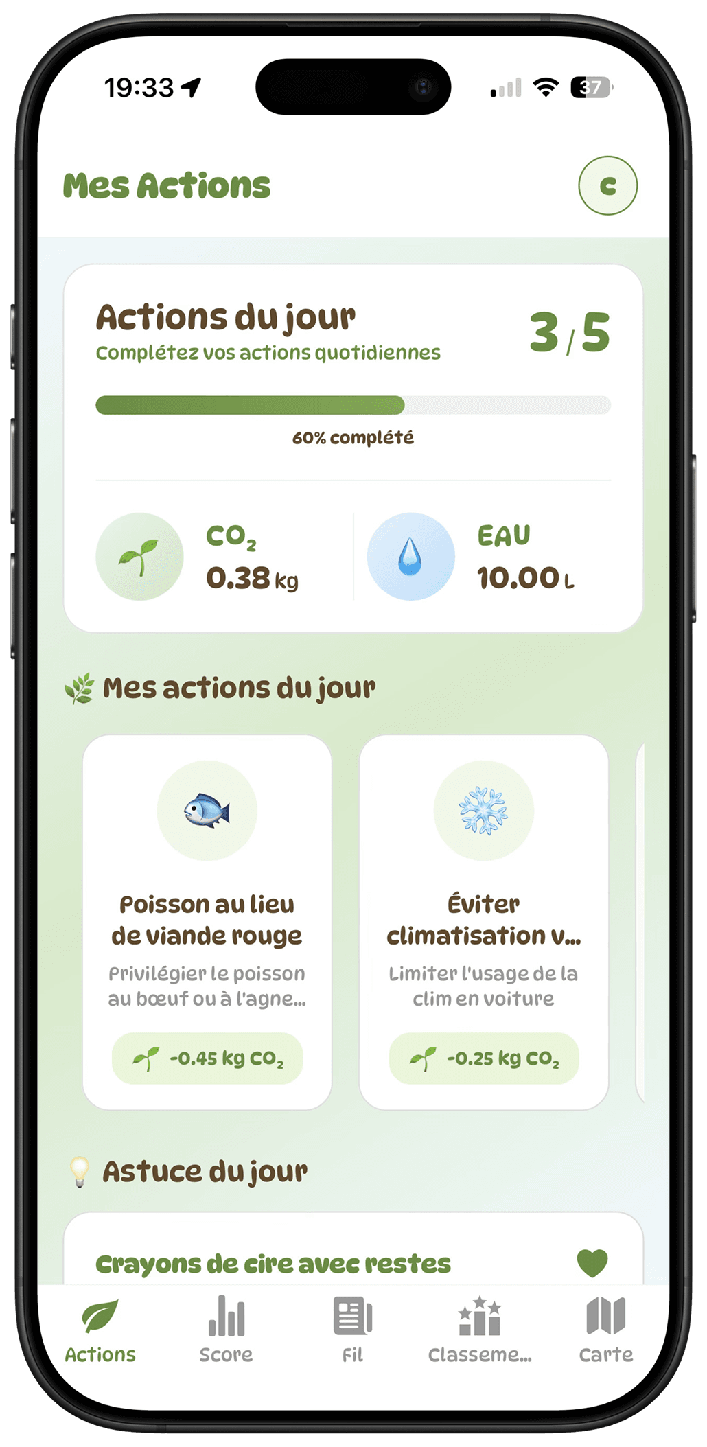 Écran d'accueil de l'application Green'up